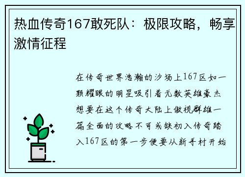 热血传奇167敢死队：极限攻略，畅享激情征程
